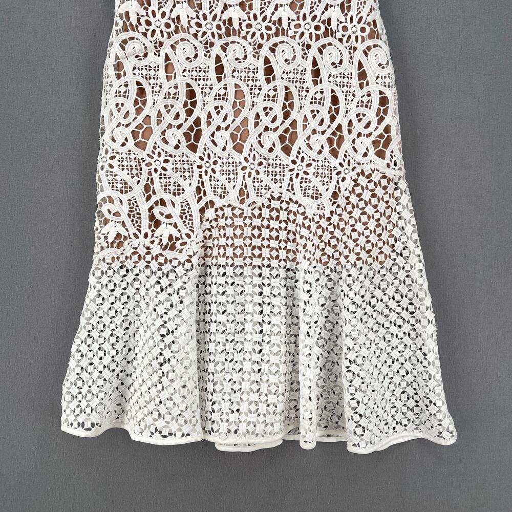 BARNEYS NEW YORK Crochet Lace Dress Womens XS White V-neck Sleeveless Tulip Midi - Picture 7 of 16